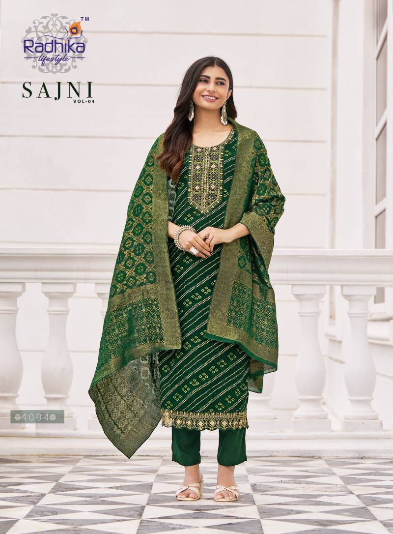 Radhika Sajni Vol 4 Rayon Print Embroidery Work Kurrti Pant And Dupatta