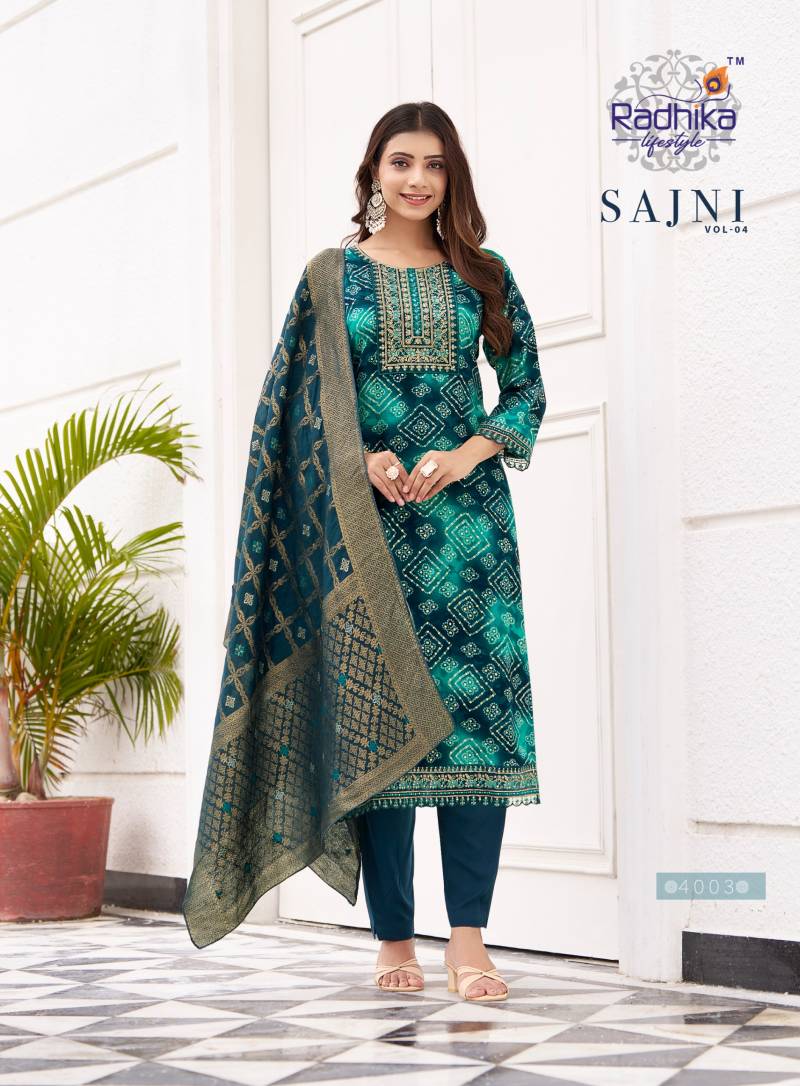Radhika Sajni Vol 4 Rayon Print Embroidery Work Kurrti Pant And Dupatta