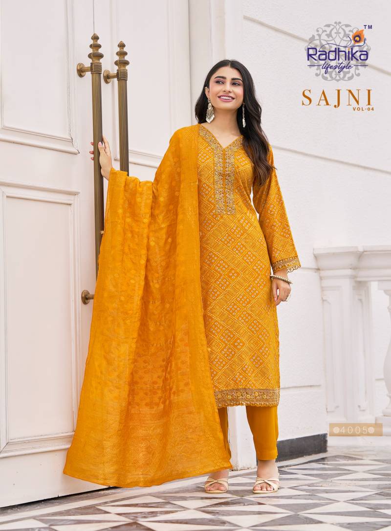 Radhika Sajni Vol 4 Rayon Print Embroidery Work Kurrti Pant And Dupatta