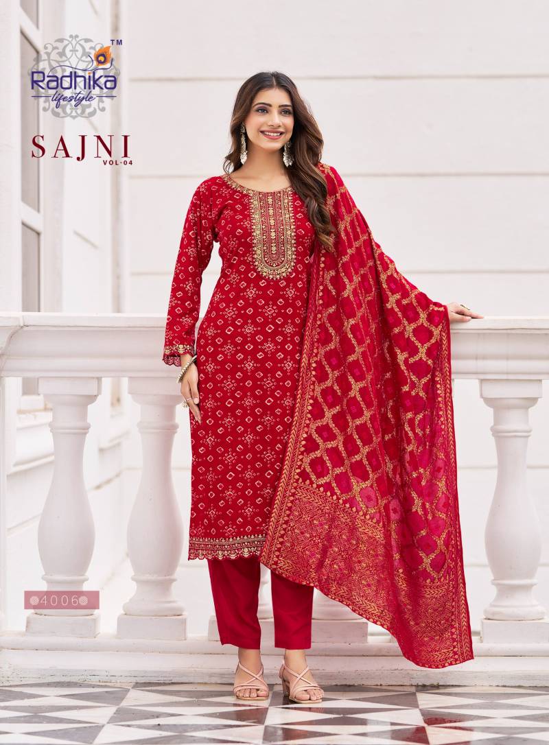 Radhika Sajni Vol 4 Rayon Print Embroidery Work Kurrti Pant And Dupatta