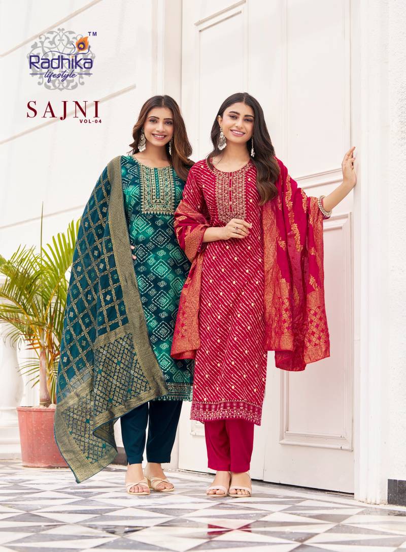 Radhika Sajni Vol 4 Rayon Print Embroidery Work Kurrti Pant And Dupatta