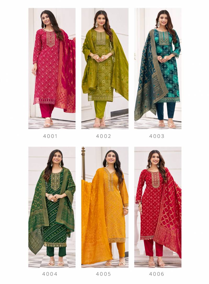 Radhika Sajni Vol 4 Rayon Print Embroidery Work Kurrti Pant And Dupatta
