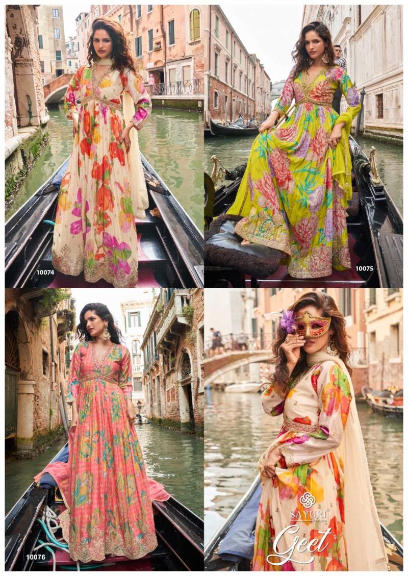 Sayuri Geet Chinon Silk Embroidered Work Designer Gown Collection
