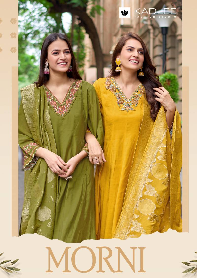 Kadlee Morni Mull Chanderi Threadwork Kurti Pant and Dupatta