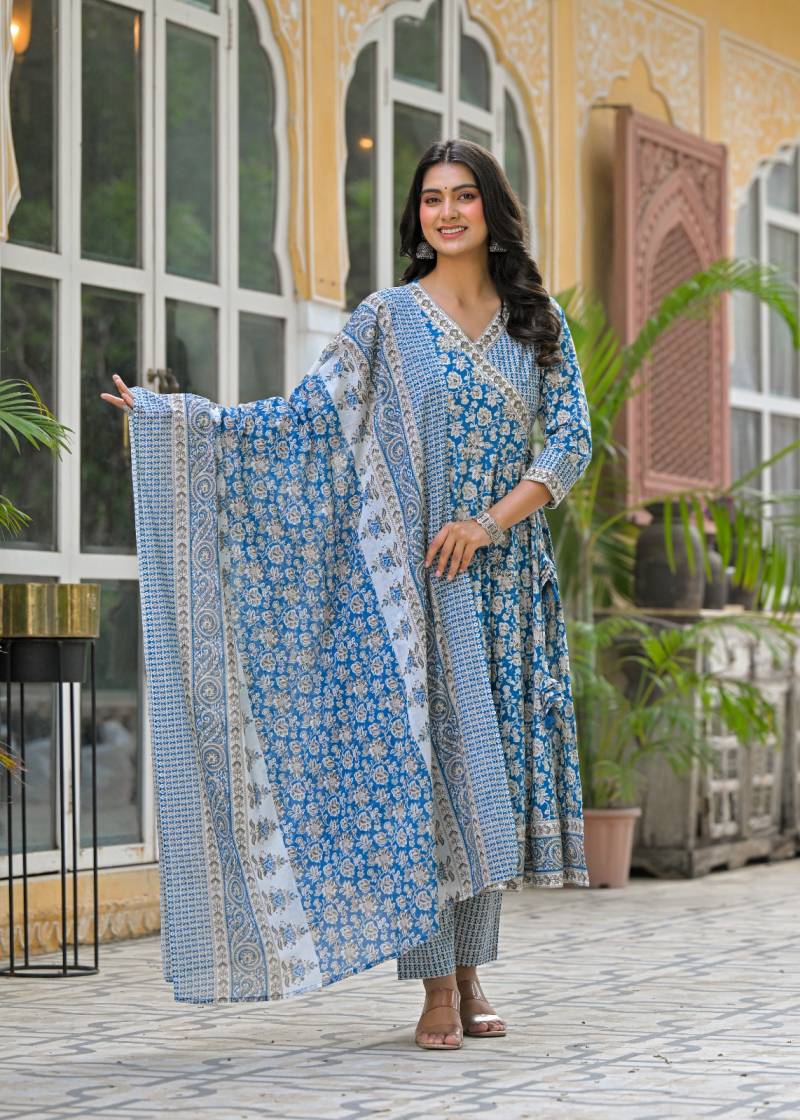 Naisha K 328 Cotton Casual Wear Anarkali Kurti Pant And Dupatta
