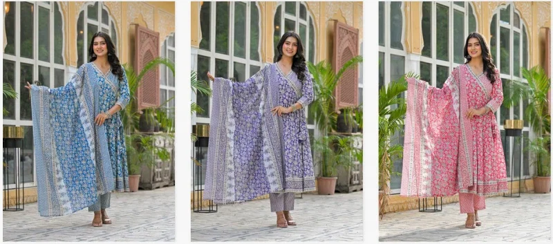 Naisha K 328 Cotton Casual Wear Anarkali Kurti Pant And Dupatta