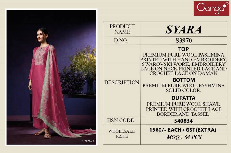 Ganga Syara 3970 Wool Pashmina Printed Embroidery Salwar Kameez