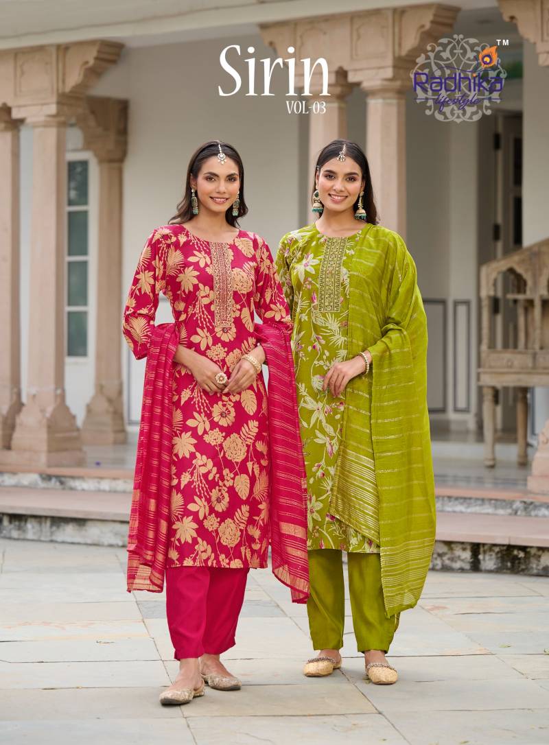 Radhika Sirin Vol 3 Vertican Foil Print Embroidery Kurti Pant Dupatta