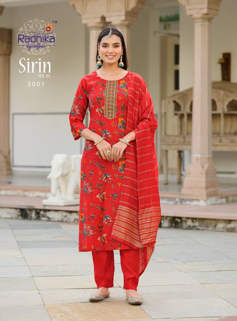 Radhika Sirin Vol 3 Vertican Foil Print Embroidery Kurti Pant Dupatta