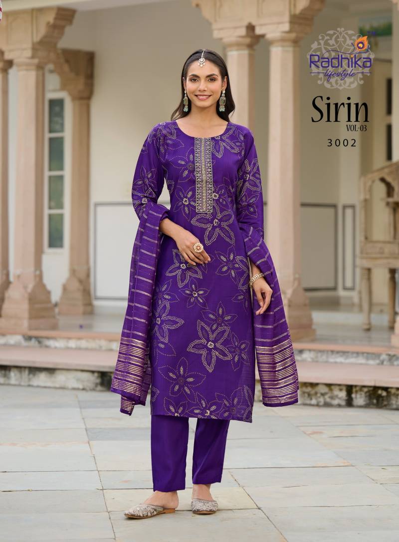 Radhika Sirin Vol 3 Vertican Foil Print Embroidery Kurti Pant Dupatta
