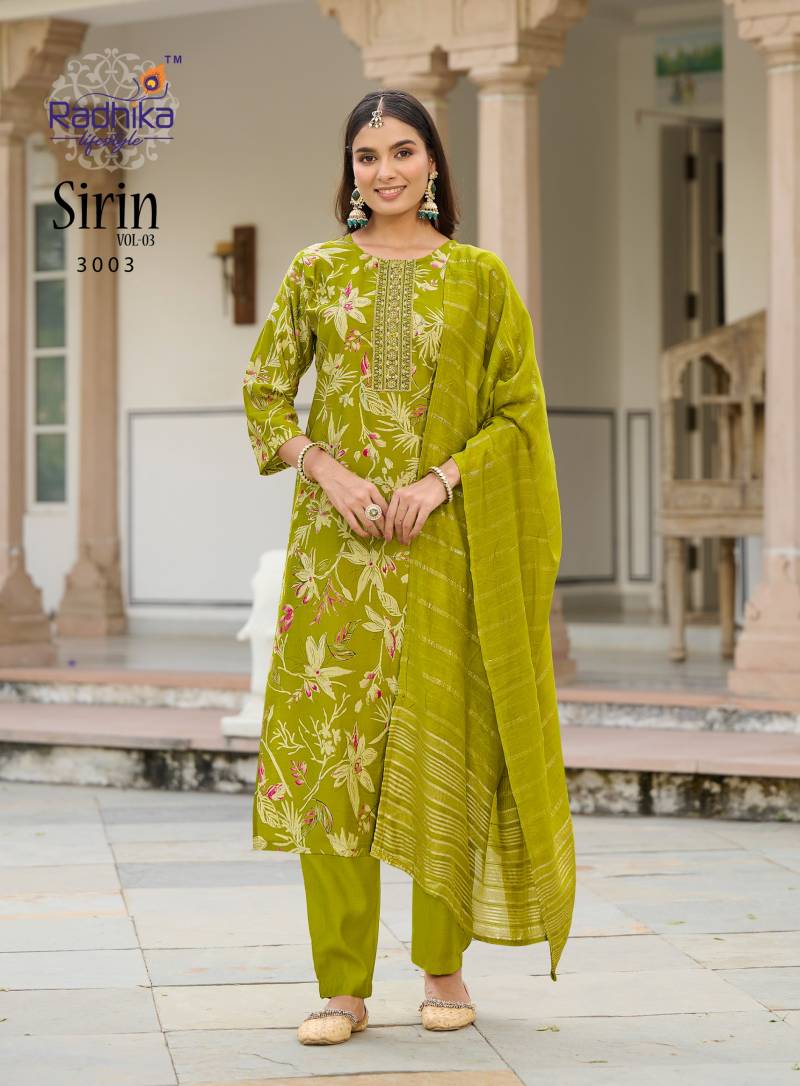 Radhika Sirin Vol 3 Vertican Foil Print Embroidery Kurti Pant Dupatta
