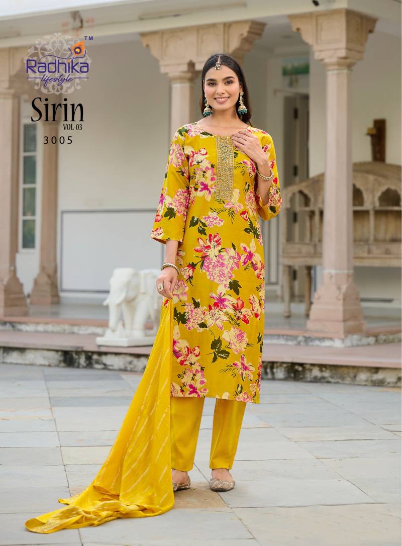 Radhika Sirin Vol 3 Vertican Foil Print Embroidery Kurti Pant Dupatta