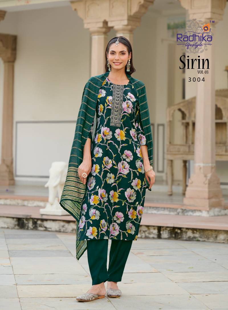 Radhika Sirin Vol 3 Vertican Foil Print Embroidery Kurti Pant Dupatta