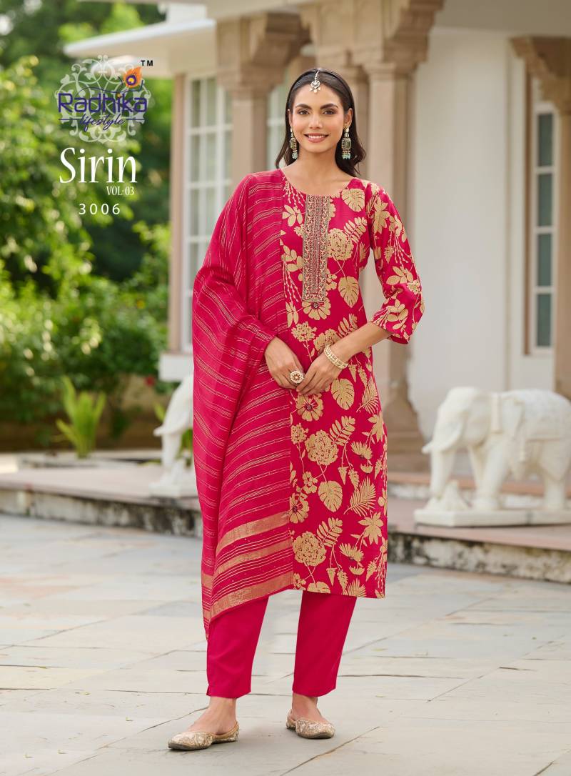 Radhika Sirin Vol 3 Vertican Foil Print Embroidery Kurti Pant Dupatta
