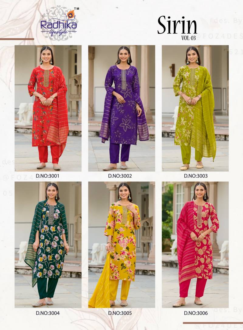 Radhika Sirin Vol 3 Vertican Foil Print Embroidery Kurti Pant Dupatta