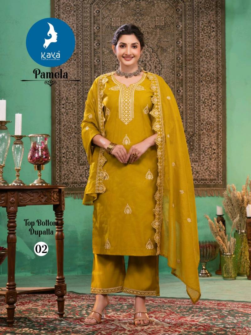 Kaya Pamela Roman Embose Party Wear Kurti Pant And Dupatta