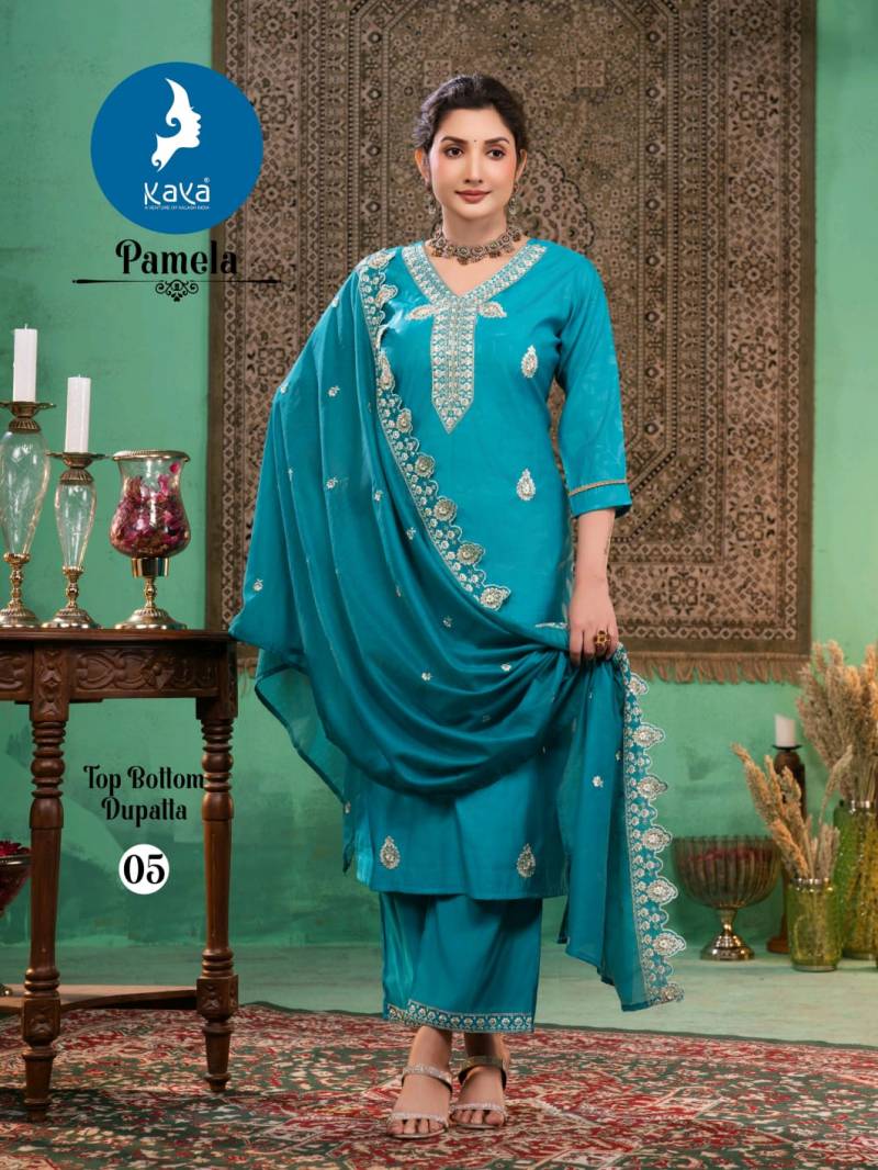 Kaya Pamela Roman Embose Party Wear Kurti Pant And Dupatta