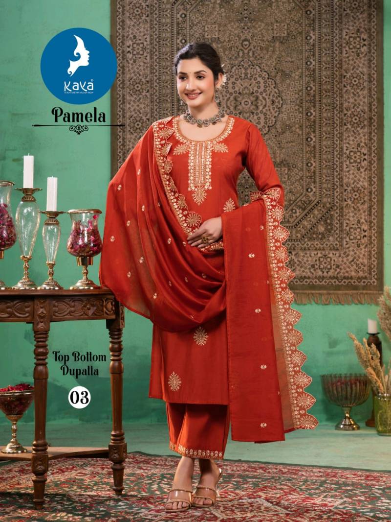 Kaya Pamela Roman Embose Party Wear Kurti Pant And Dupatta