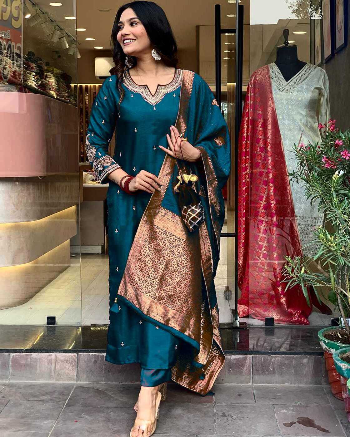 Navya Kurti 139 Party Wear Embroidery Worked Pure Cotton Kurti with Pant and Dupatta Set 