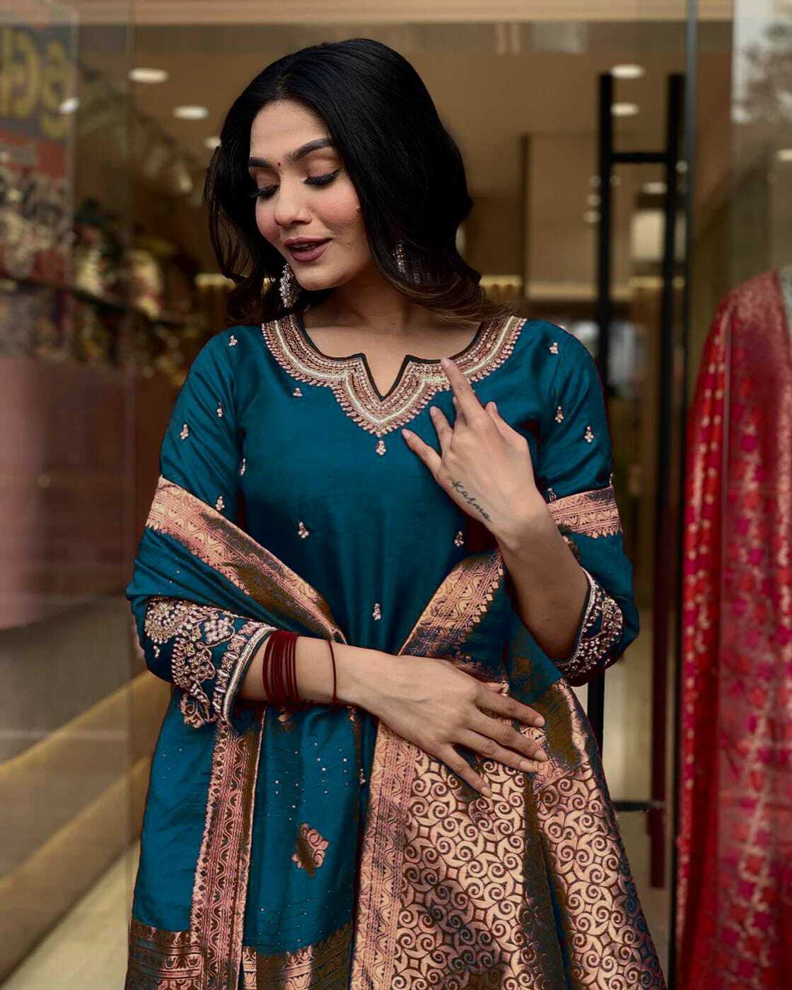 Navya Kurti 139 Party Wear Embroidery Worked Pure Cotton Kurti with Pant and Dupatta Set 