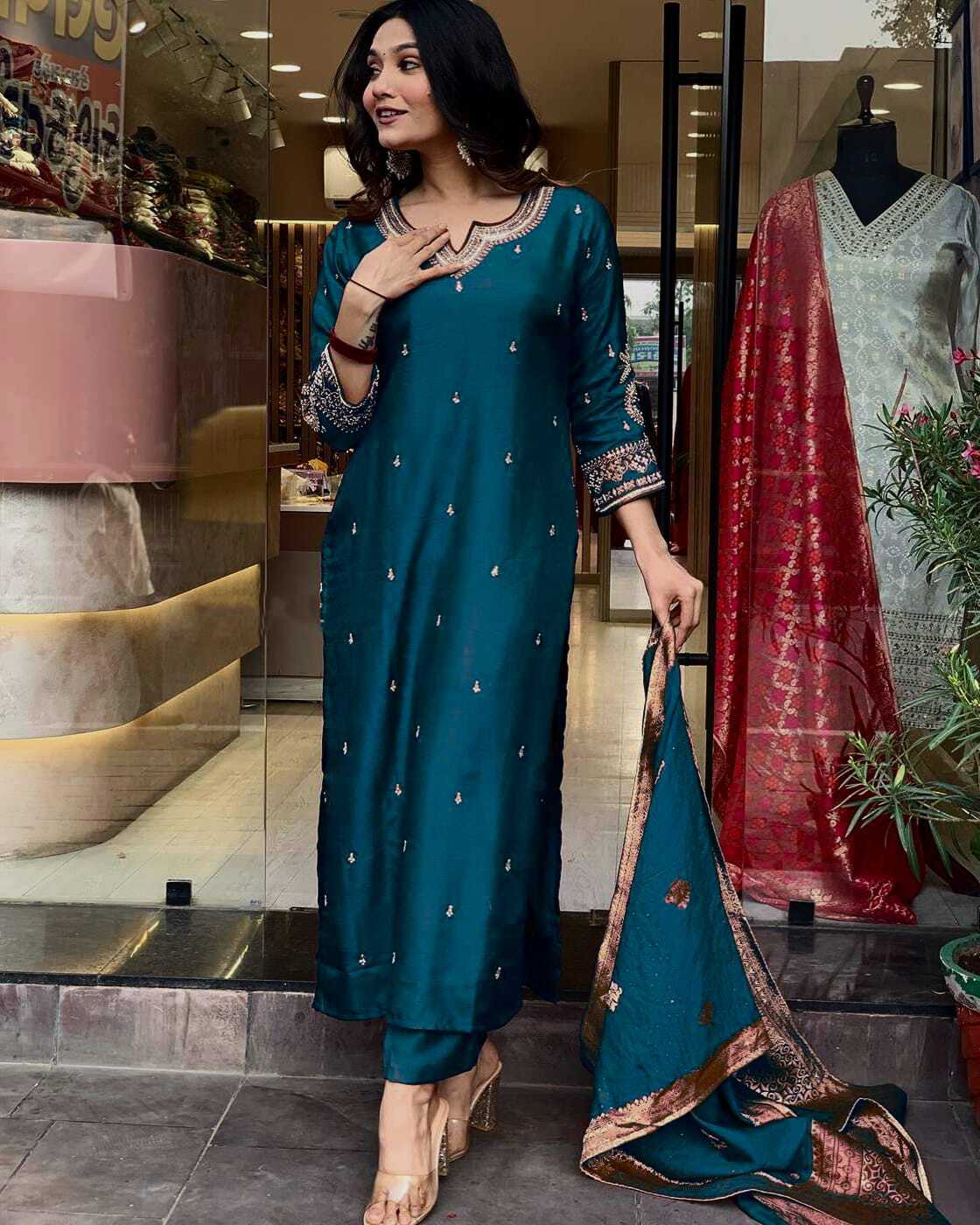 Navya Kurti 139 Party Wear Embroidery Worked Pure Cotton Kurti with Pant and Dupatta Set 