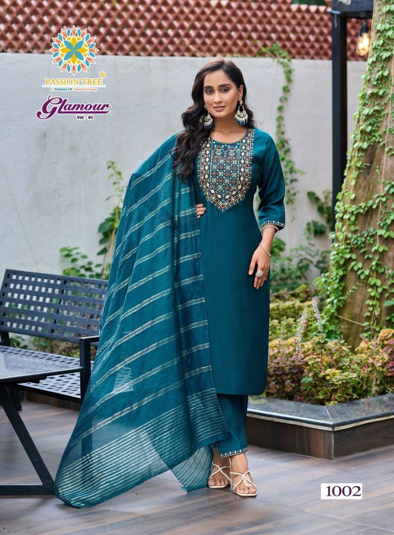 Glamour Vol 1 By Passion Tree Roman Silk Straight Kurti Pant And Dupatta