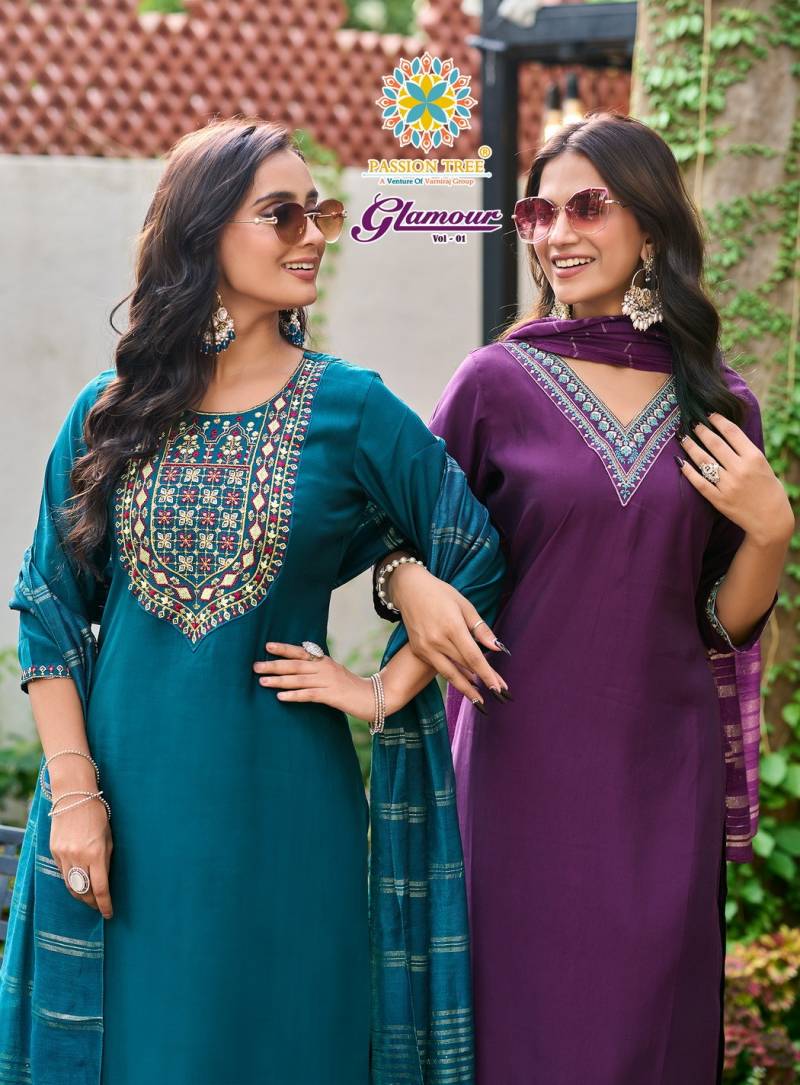 Glamour Vol 1 By Passion Tree Roman Silk Straight Kurti Pant And Dupatta