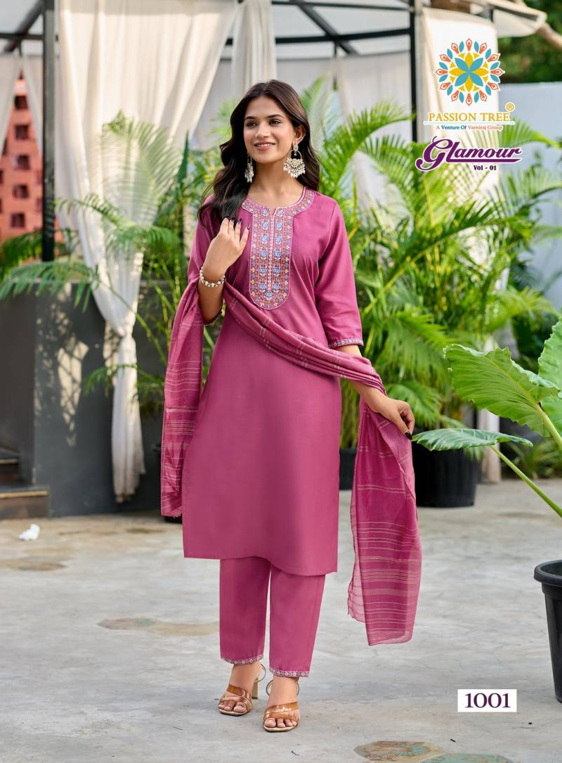 Glamour Vol 1 By Passion Tree Roman Silk Straight Kurti Pant And Dupatta