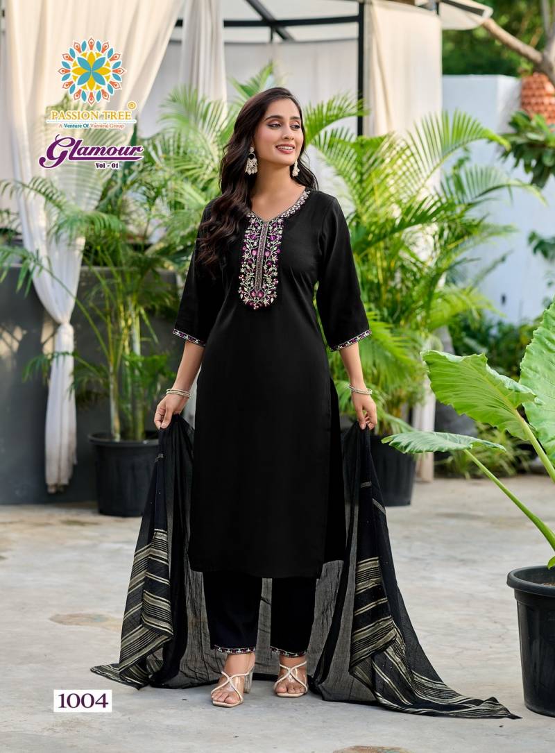Glamour Vol 1 By Passion Tree Roman Silk Straight Kurti Pant And Dupatta