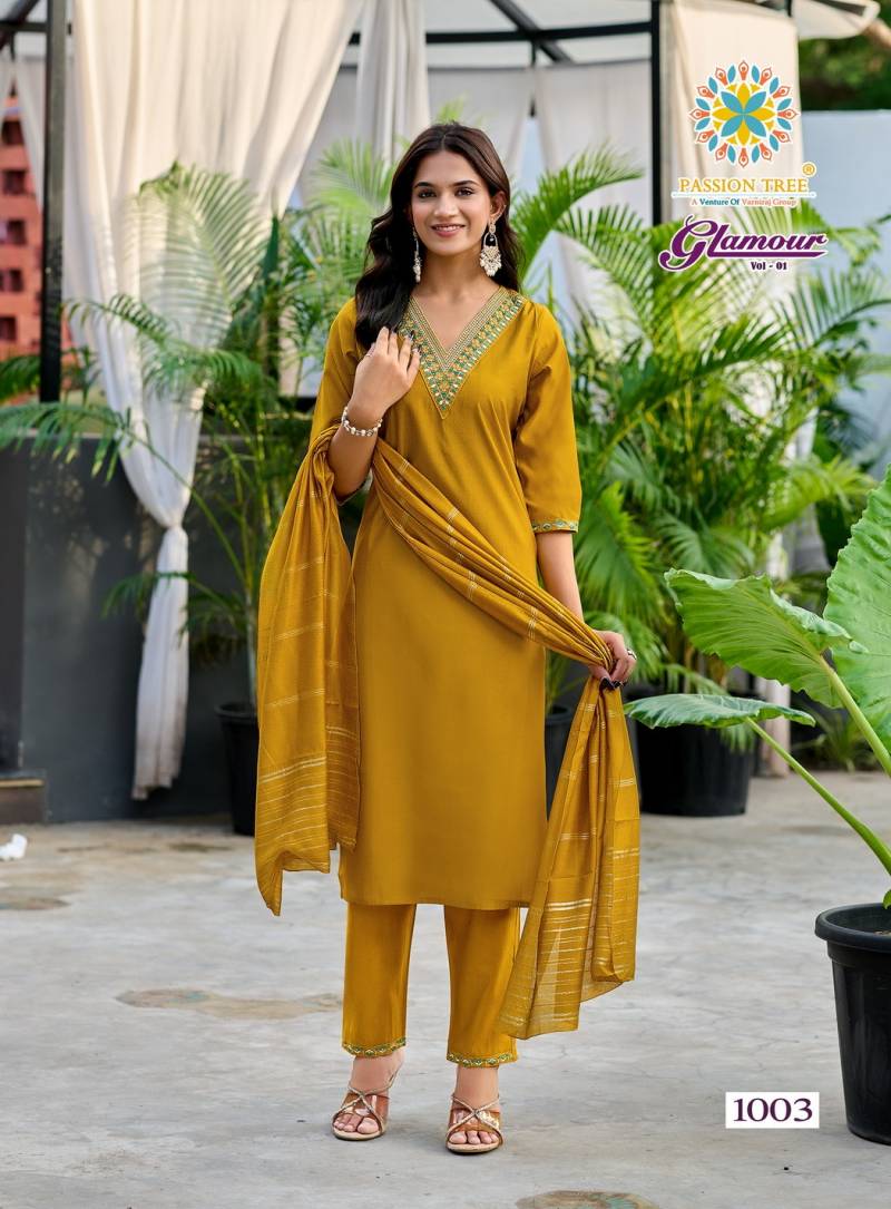 Glamour Vol 1 By Passion Tree Roman Silk Straight Kurti Pant And Dupatta