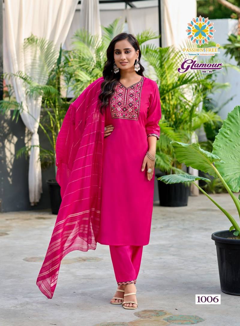Glamour Vol 1 By Passion Tree Roman Silk Straight Kurti Pant And Dupatta