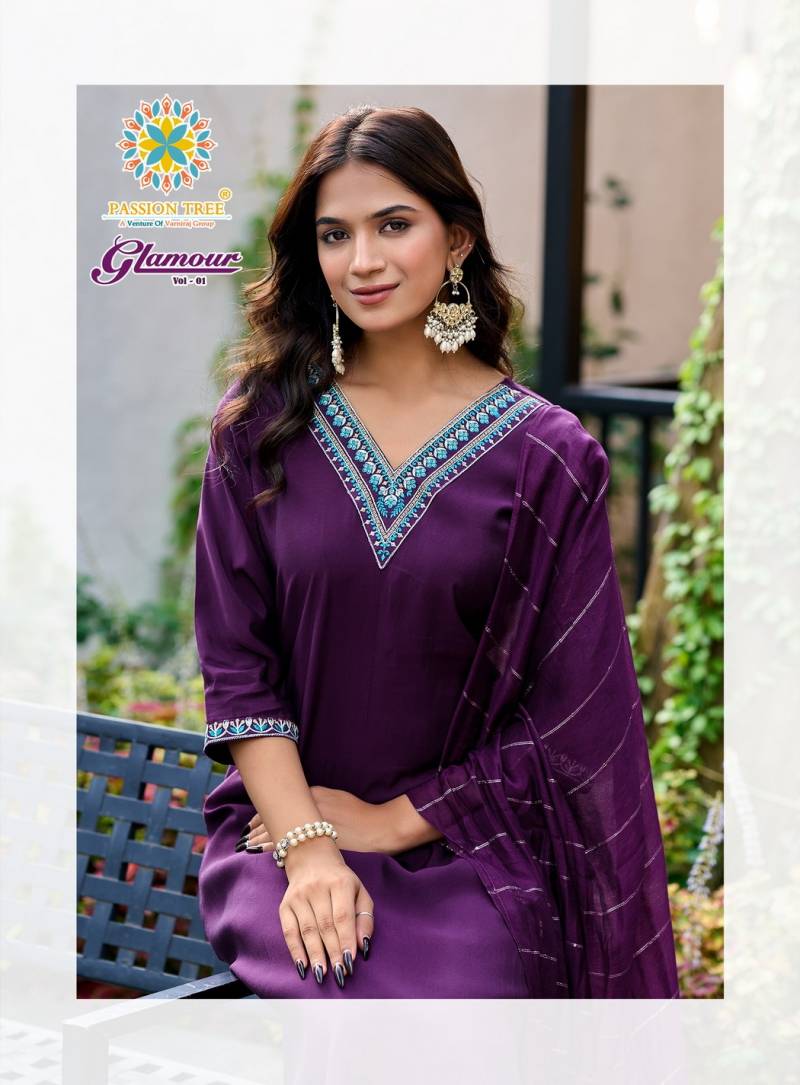 Glamour Vol 1 By Passion Tree Roman Silk Straight Kurti Pant And Dupatta