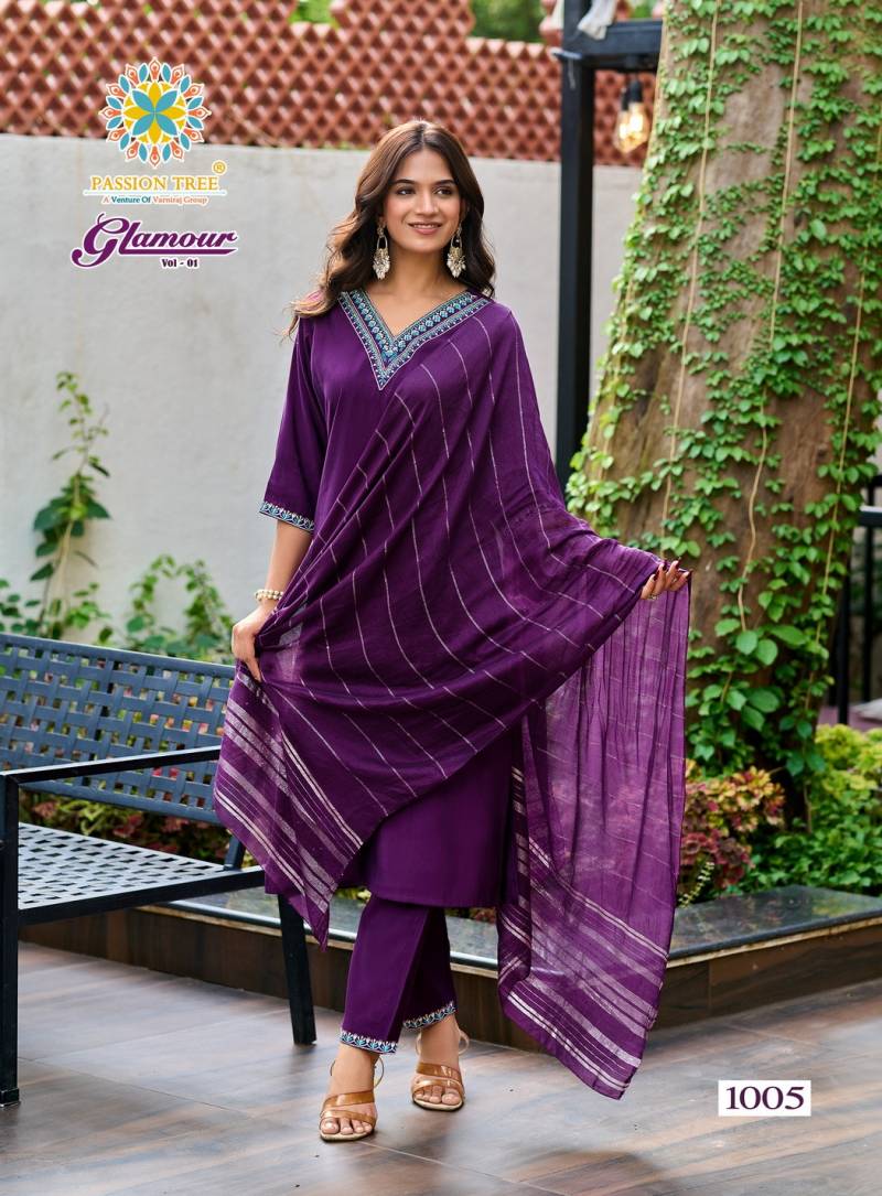 Glamour Vol 1 By Passion Tree Roman Silk Straight Kurti Pant And Dupatta