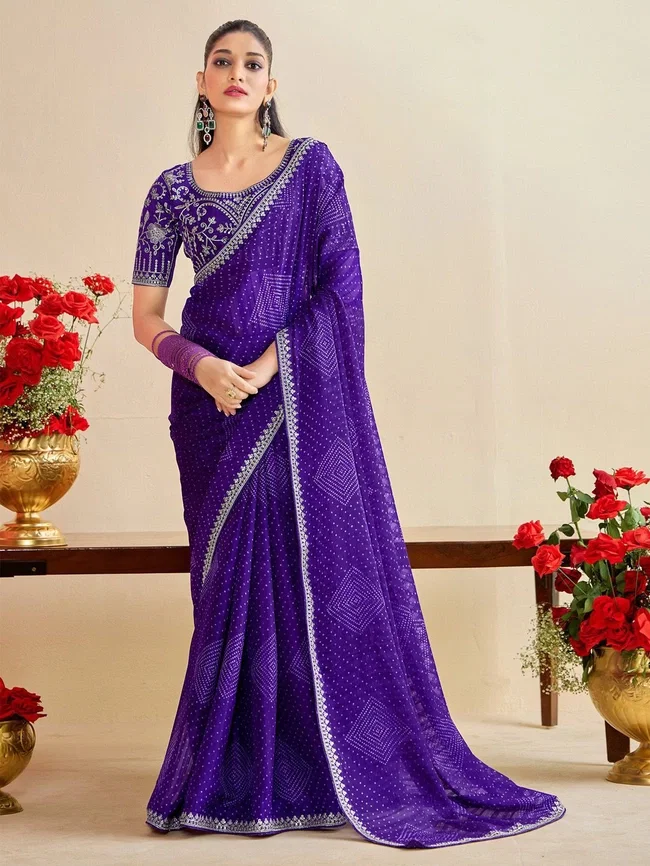 Csn A89 Moss Chiffon Silk Bandhani Saree With Embroidery Work