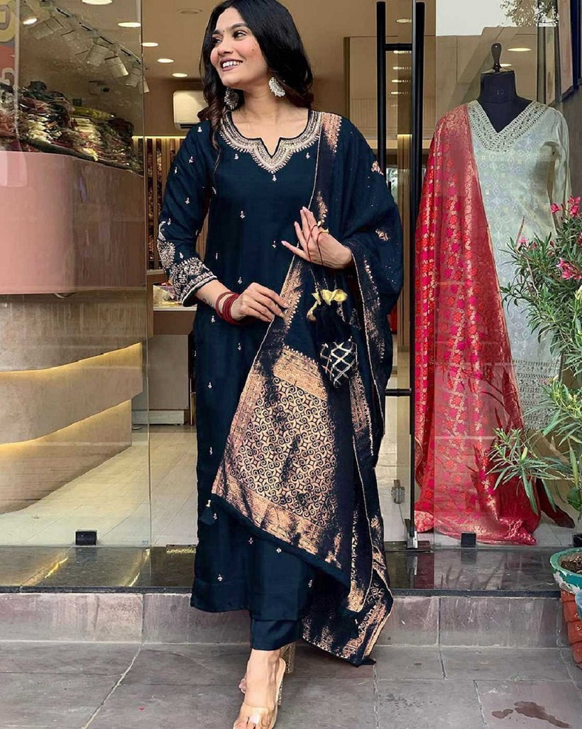 Navya Kurti 140 Party Wear Embroidery Worked Pure Cotton Kurti with Pant and Dupatta Set