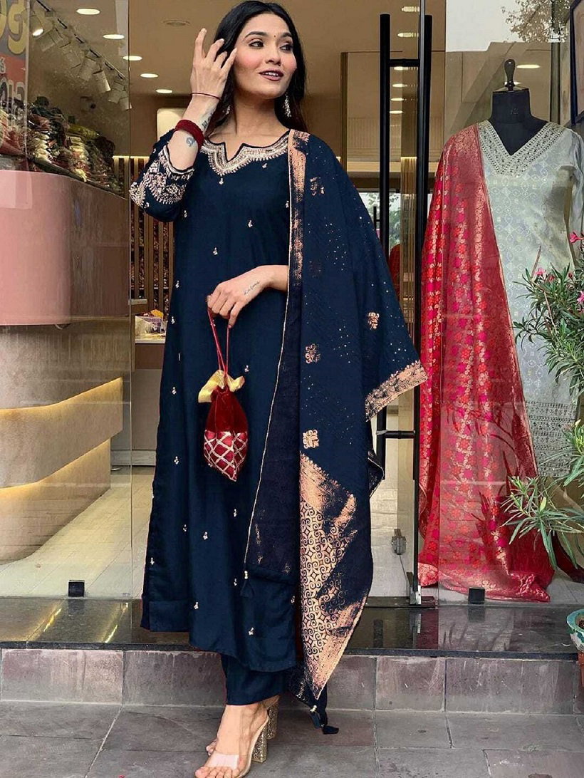 Navya Kurti 140 Party Wear Embroidery Worked Pure Cotton Kurti with Pant and Dupatta Set
