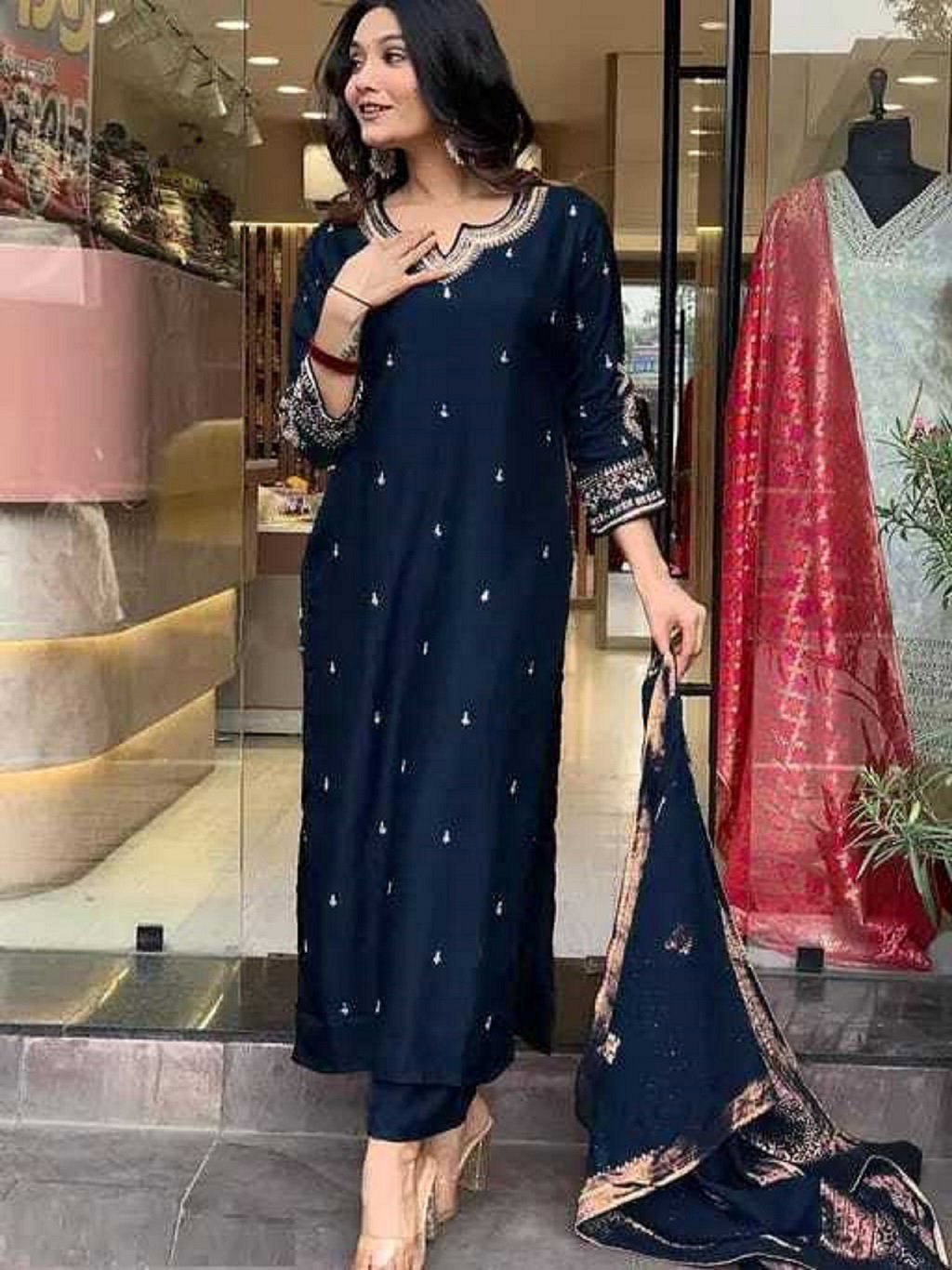 Navya Kurti 140 Party Wear Embroidery Worked Pure Cotton Kurti with Pant and Dupatta Set