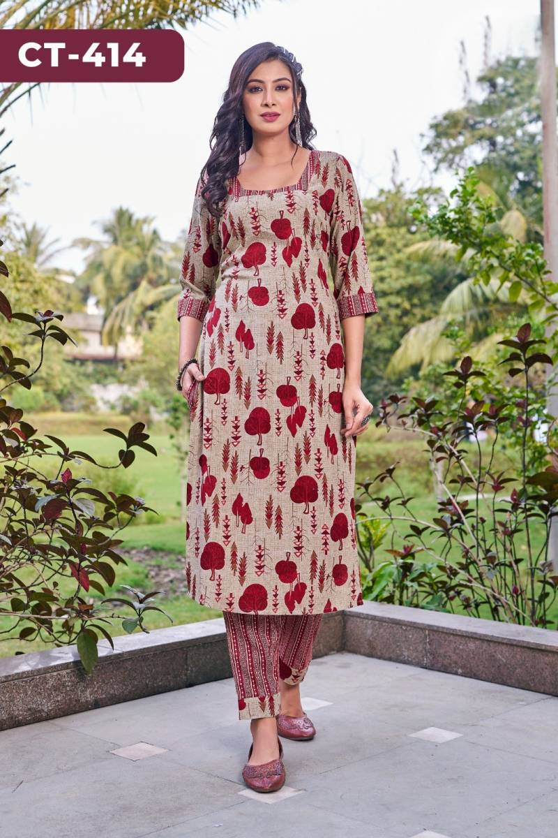 Ctz 414 Rayon Foil Straight Kurti With Bottom Collection