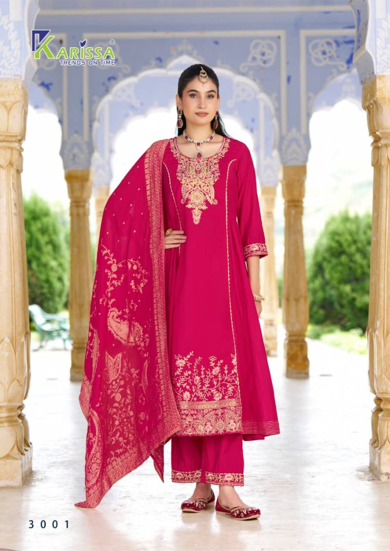 Karissa Kalisha Vol 3 Viscose Roman Silk Handwork Kurti Pant And Dupatta