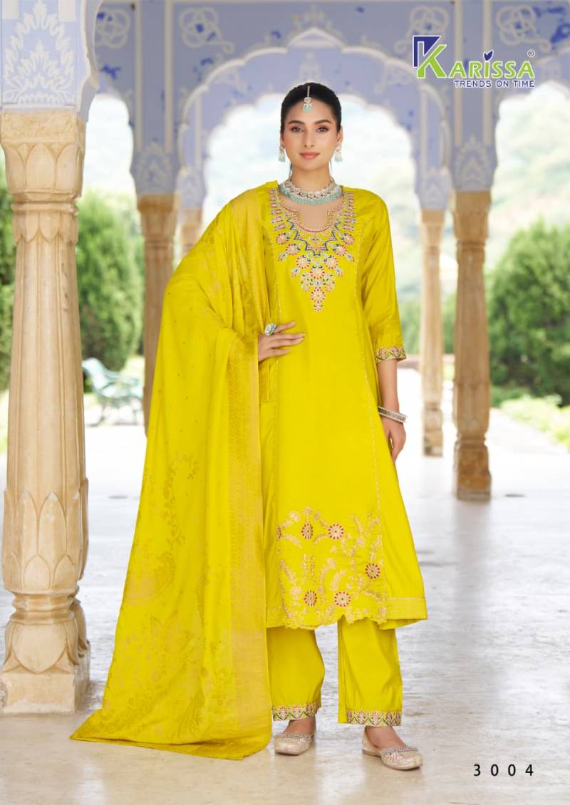 Karissa Kalisha Vol 3 Viscose Roman Silk Handwork Kurti Pant And Dupatta