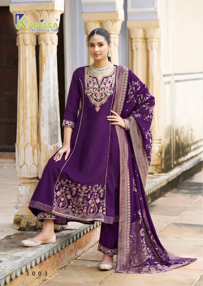 Karissa Kalisha Vol 3 Viscose Roman Silk Handwork Kurti Pant And Dupatta