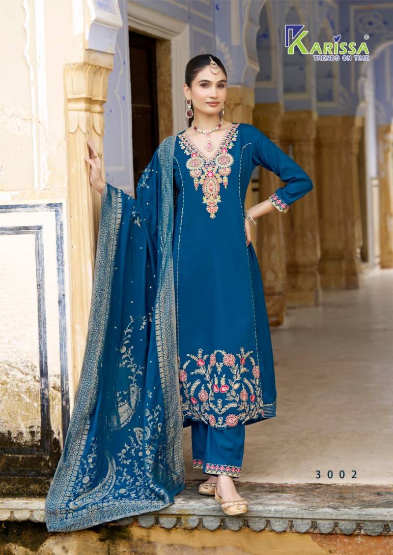 Karissa Kalisha Vol 3 Viscose Roman Silk Handwork Kurti Pant And Dupatta