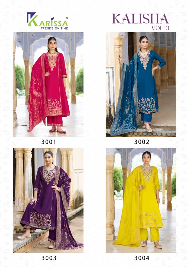 Karissa Kalisha Vol 3 Viscose Roman Silk Handwork Kurti Pant And Dupatta
