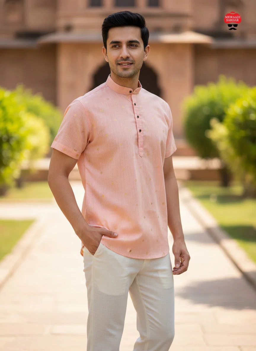Lekha LI B Desi 2.0 Linen Cotton Jacquard Butta half Slelves Short Kurta