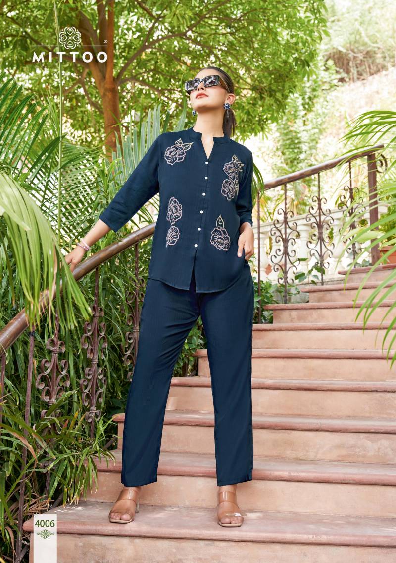 Mittoo Pranjal Viscose Handwork Threadwork Co Ord Set