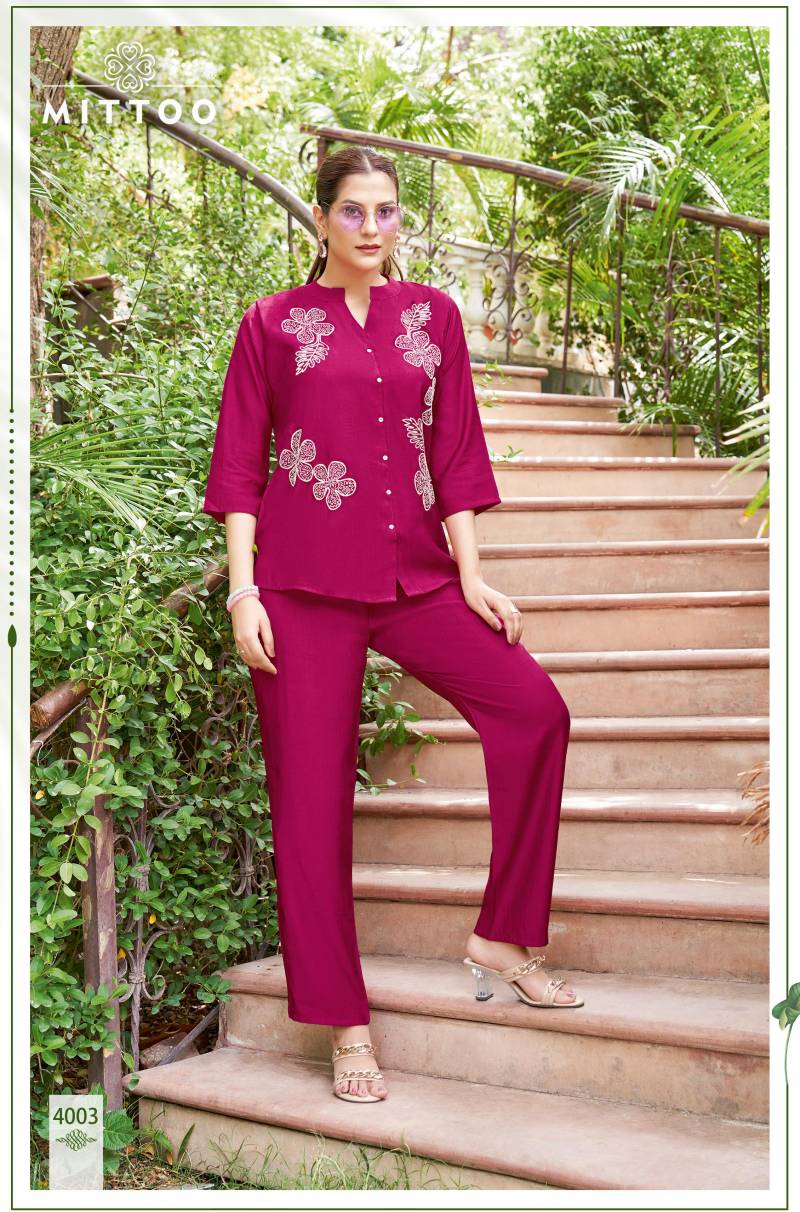 Mittoo Pranjal Viscose Handwork Threadwork Co Ord Set