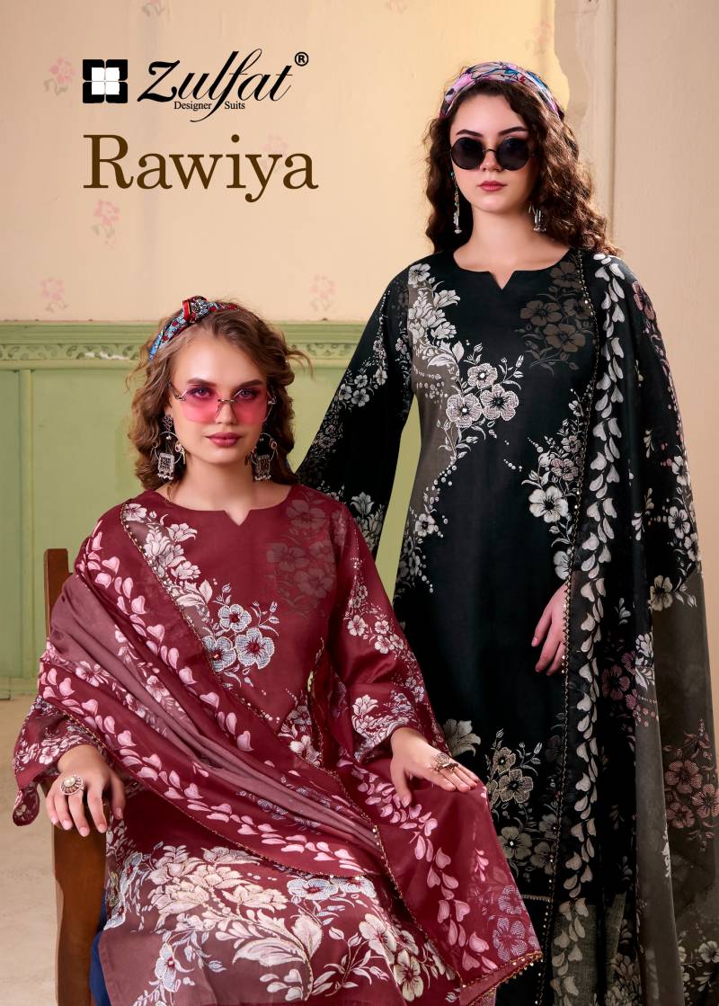 Zulfat Rawiya Jam Cotton Satin Designer Pakistani Dress Material Collection