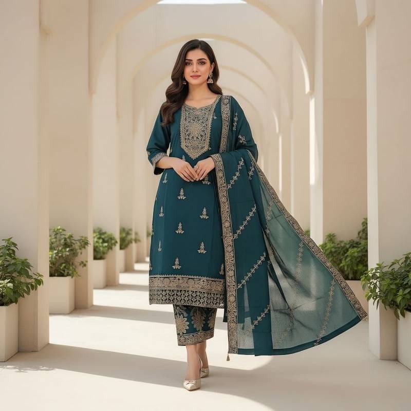 Naisha K 337 Roman Silk Aariwork Festival Wear Kurti Pant And Dupatta