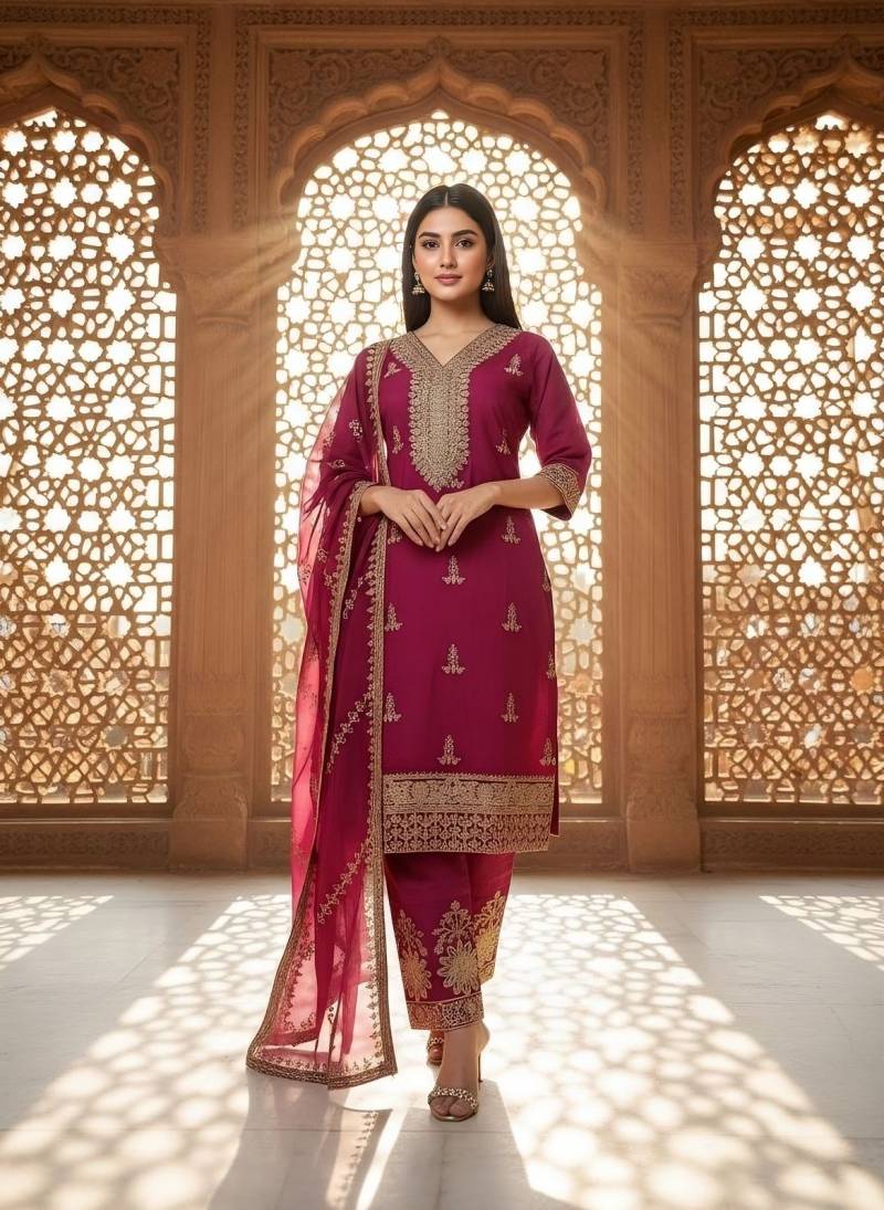 Naisha K 337 Roman Silk Aariwork Festival Wear Kurti Pant And Dupatta