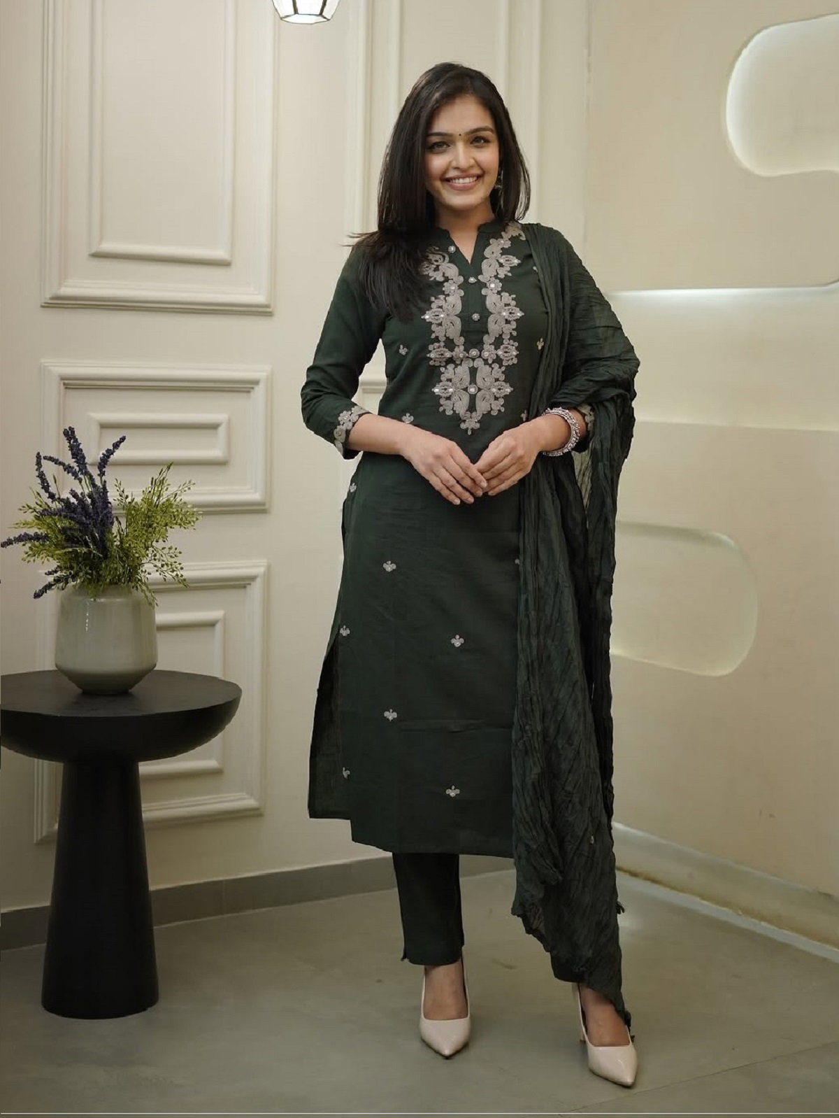 Navya Kurti 141 Party Wear Embroidery Worked Cotton Silk Kurti with Pant and Dupatta Set 
